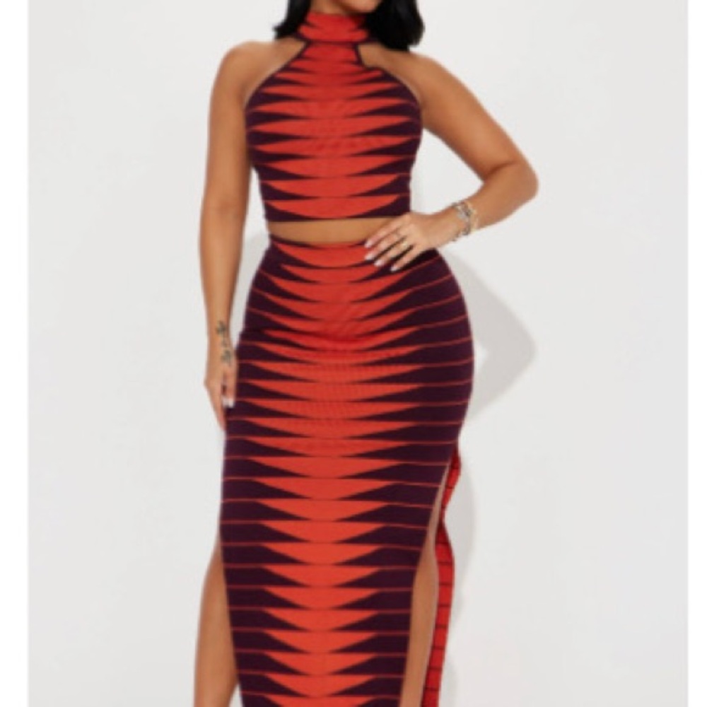 Fashion Nova Red and Black Geometric Two-Piece Midi Skirt Set